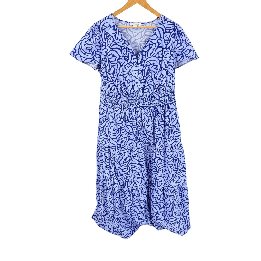 Liz Claiborne Blue‎ Floral Tiered Maxi Dress 18W Smocked Waist Summer Coastal